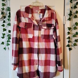 NYC Women's Plaid Utility Jacket - Burgundy and Cream